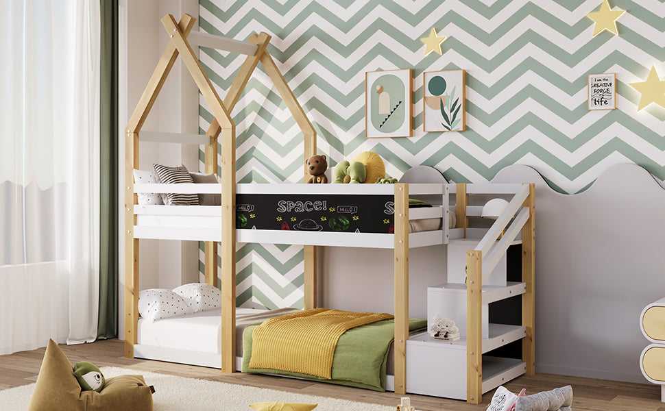 Twin Over Twin House Bunk Bed With White Storage Staircase And Blackboard, White And Natural Box Spring Not Required Twin White Bed Frame Pine