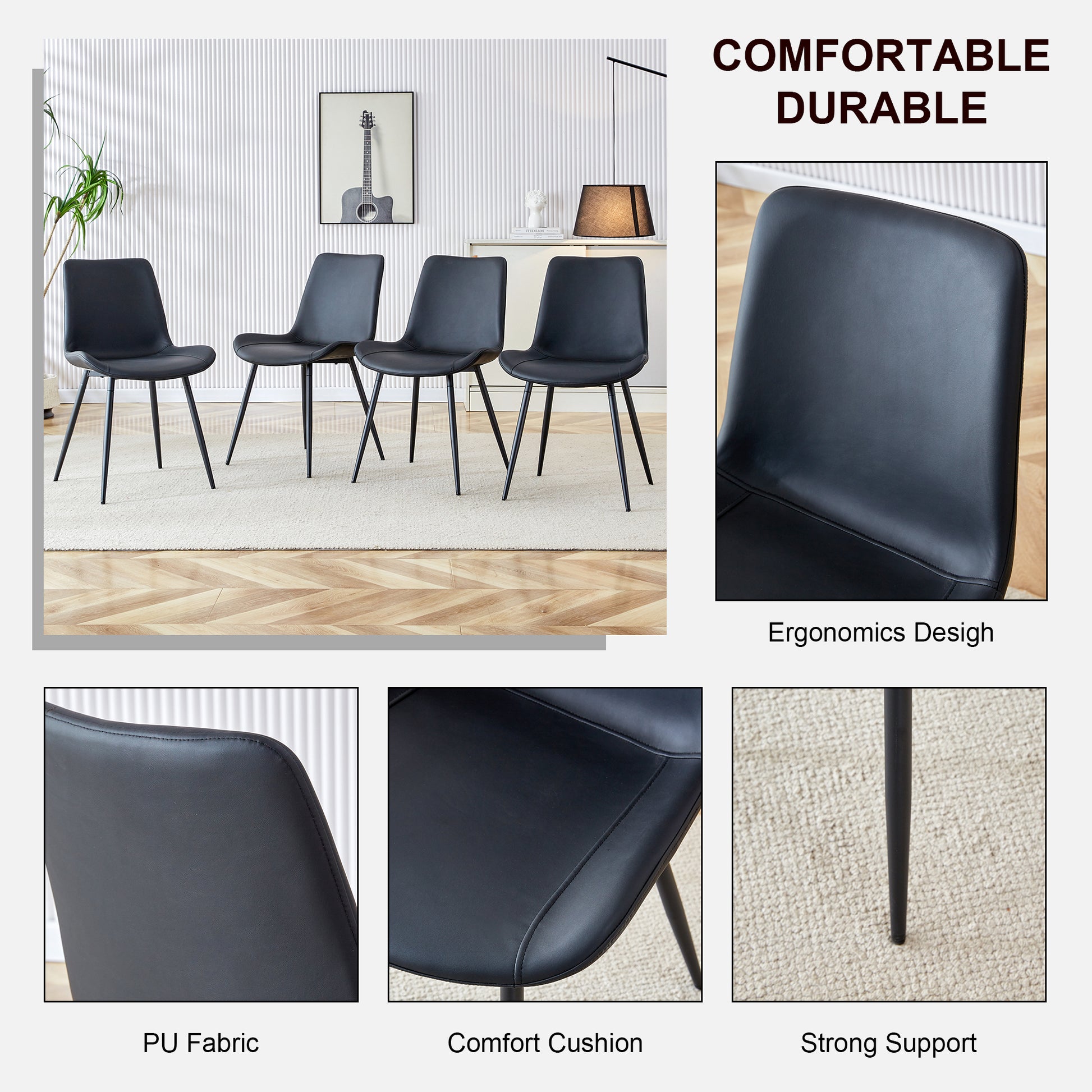 Black Artificial Leather Backrest Cushion Dining Chair, Black Metal Legs, Curved Widened Cushion Design For More Comfort, Suitable For Restaurants, Kitchens, Bedrooms, Offices. 4 Chairs 0502 Black Faux Leather