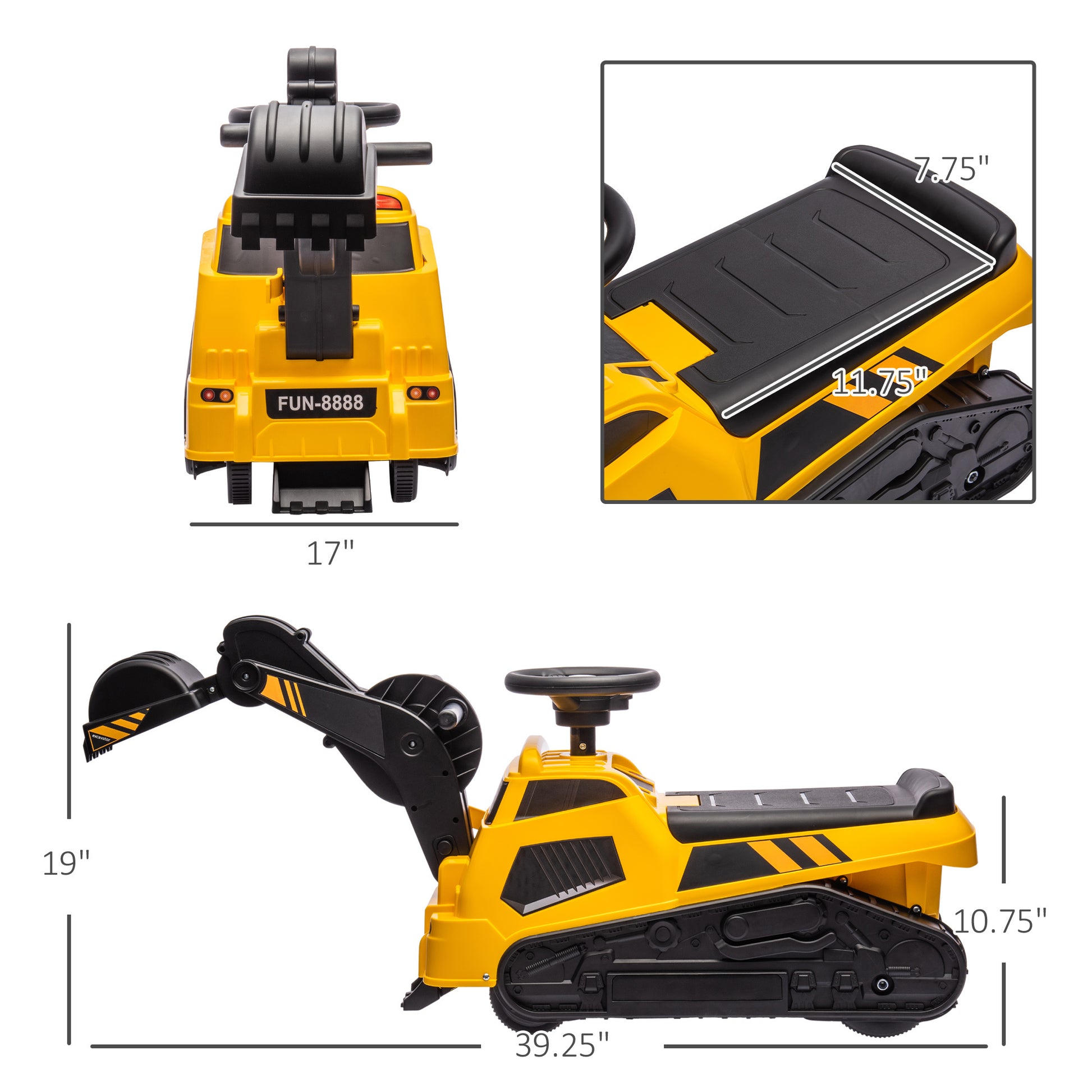 3 In 1 Ride On Excavator Bulldozer Road Roller, No Power Ride On Construction Pretend Play With Music, For 18 48 Months, Yellow Yellow Polypropylene