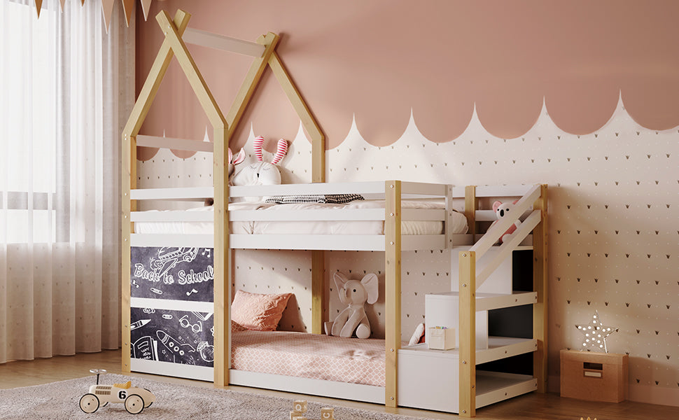 Twin Over Twin House Bunk Bed With White Storage Staircase And 2 Blackboards, White And Natural Box Spring Not Required Twin White Bed Frame Pine