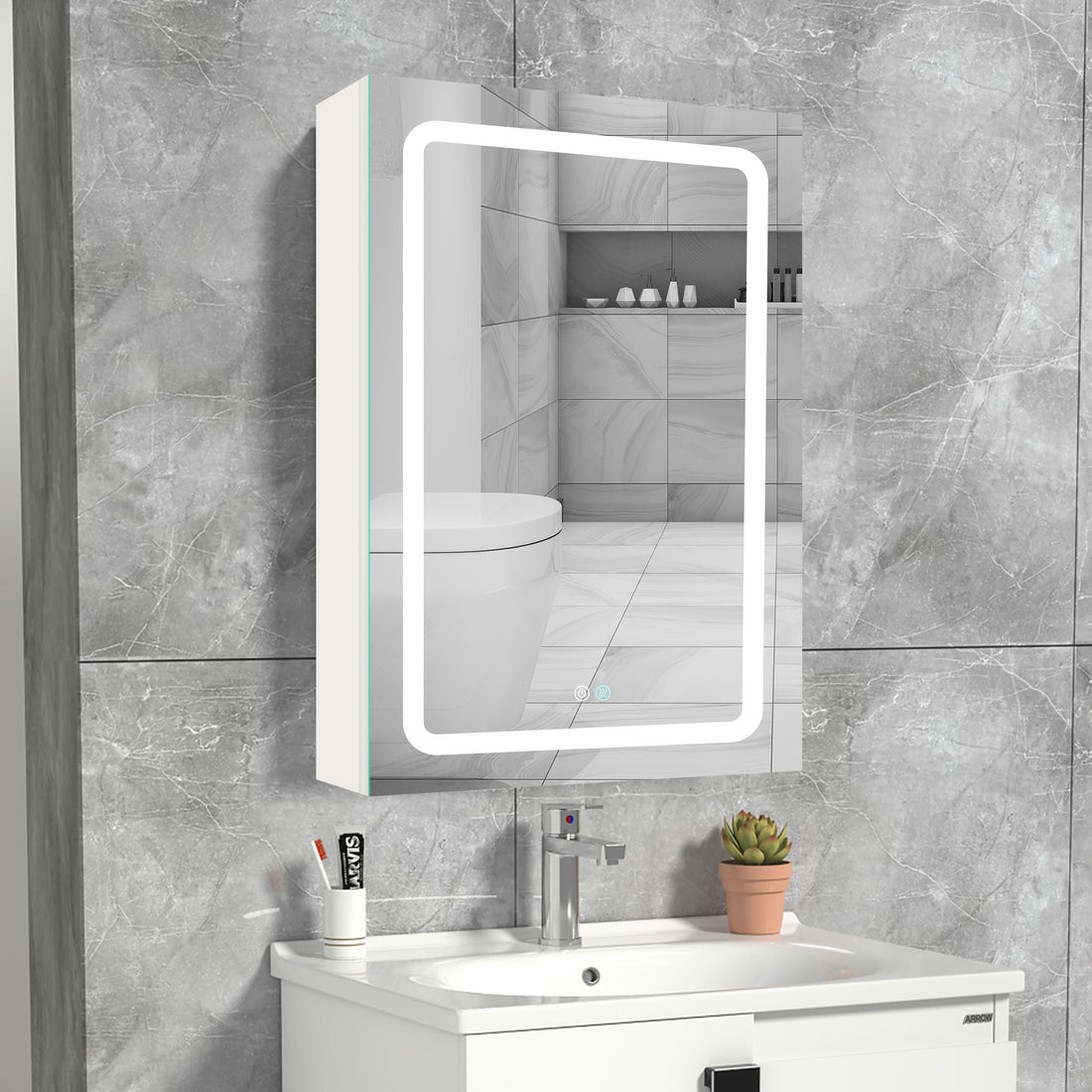 30X20 Inch Led Bathroom Medicine Cabinet Surface Mounted Cabinets With Lighted Mirror White Left Open White Modern Aluminium