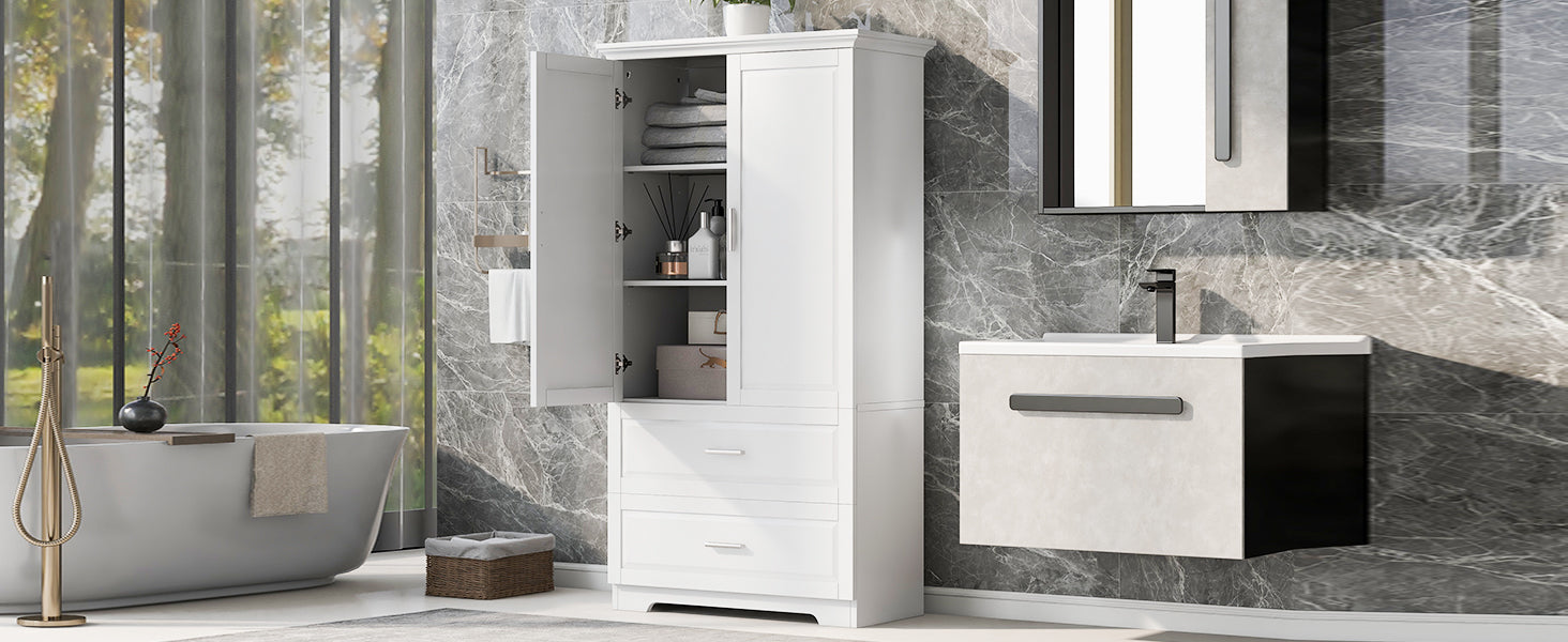 Tall Bathroom Storage Cabinet, Cabinet With Two Doors And Drawers, Adjustable Shelf, Mdf Board, White Old Sku:Wf310828Aak White Mdf