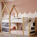 Twin Over Twin House Bunk Bed With White Storage Staircase And 2 Blackboards, White And Natural Box Spring Not Required Twin White Bed Frame Pine