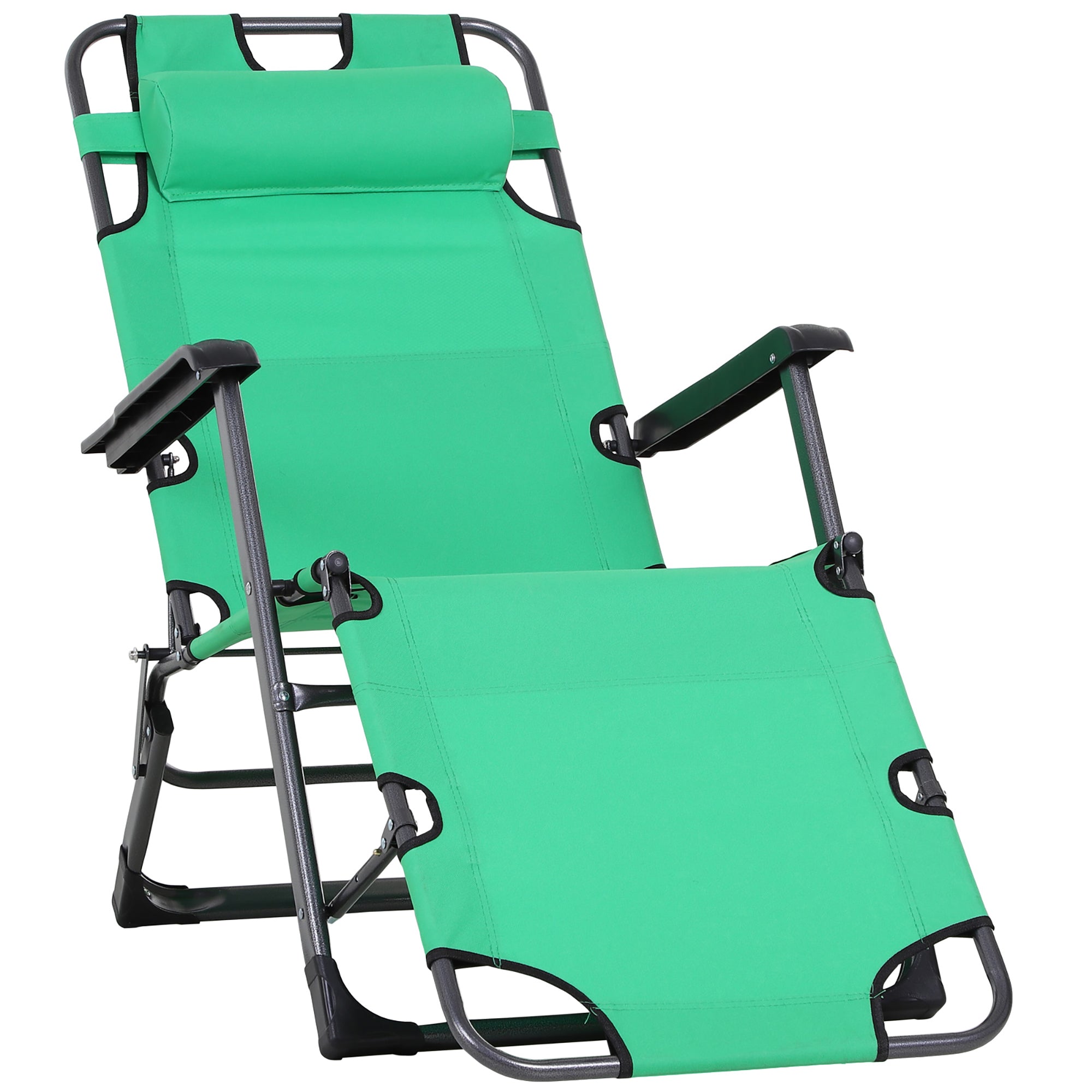 Tanning Chair, 2 In 1 Beach Lounge Chair & Camping Chair W Pillow & Pocket, Adjustable Chaise For Sunbathing Outside, Patio, Poolside, Green Green Metal