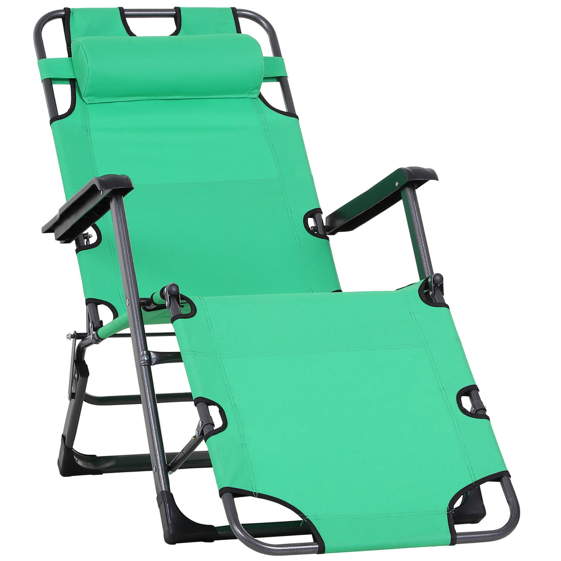 Tanning Chair, 2 In 1 Beach Lounge Chair & Camping Chair W Pillow & Pocket, Adjustable Chaise For Sunbathing Outside, Patio, Poolside, Green Green Metal