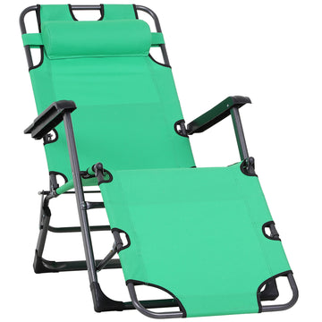 Tanning Chair, 2 In 1 Beach Lounge Chair & Camping Chair W Pillow & Pocket, Adjustable Chaise For Sunbathing Outside, Patio, Poolside, Green Green Metal