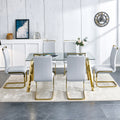 Modern Minimalist Style Rectangular Glass Dining Table With Tempered Glass Tabletop And Golden Metal Legs, Suitable For Kitchen, Dining Room, And Living Room, 63 Inches * 35.4 Inches * 30 Inches Golden Metal