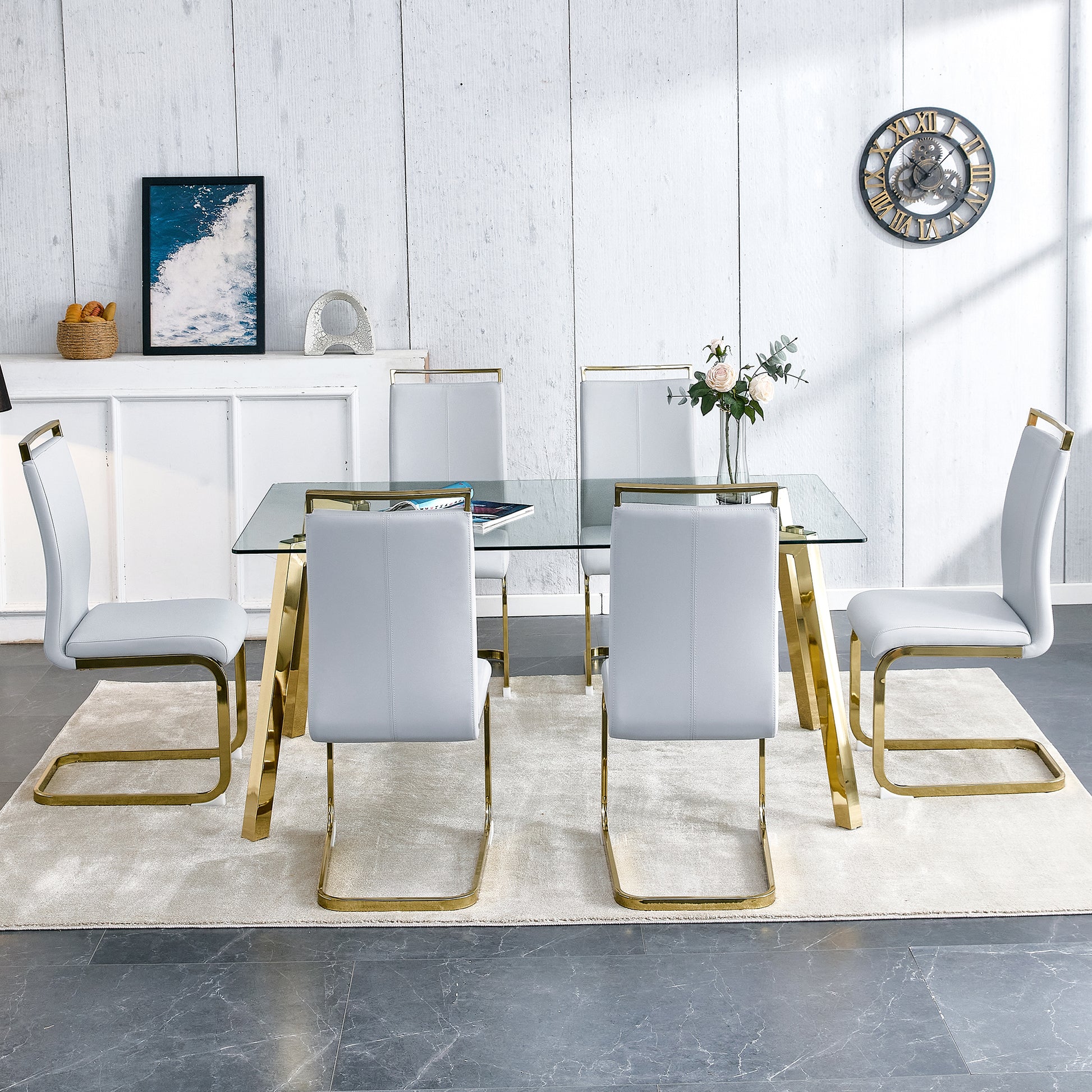 Modern Minimalist Style Rectangular Glass Dining Table With Tempered Glass Tabletop And Golden Metal Legs, Suitable For Kitchen, Dining Room, And Living Room, 63 Inches * 35.4 Inches * 30 Inches Golden Metal