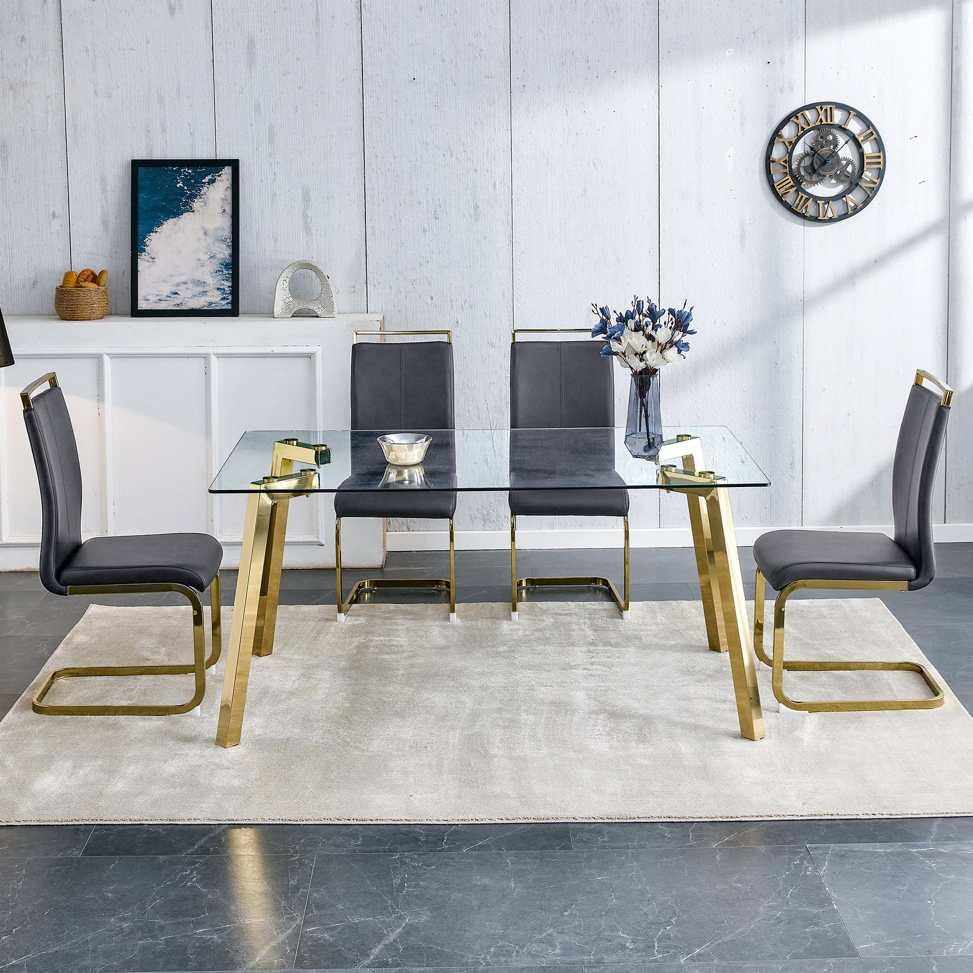 Modern Minimalist Style Rectangular Glass Dining Table With Tempered Glass Tabletop And Golden Metal Legs, Suitable For Kitchen, Dining Room, And Living Room, 63 Inches * 35.4 Inches * 30 Inches Golden Metal