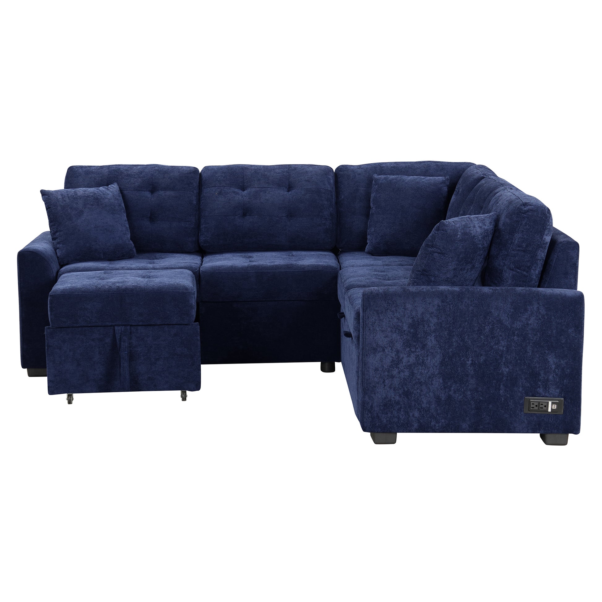 82.6" L Shape Sofa Bed Pull Out Sleeper Sofa With Wheels, Usb Ports, Power Sockets For Living Room, Navy Blue Navy Blue Foam Velvet