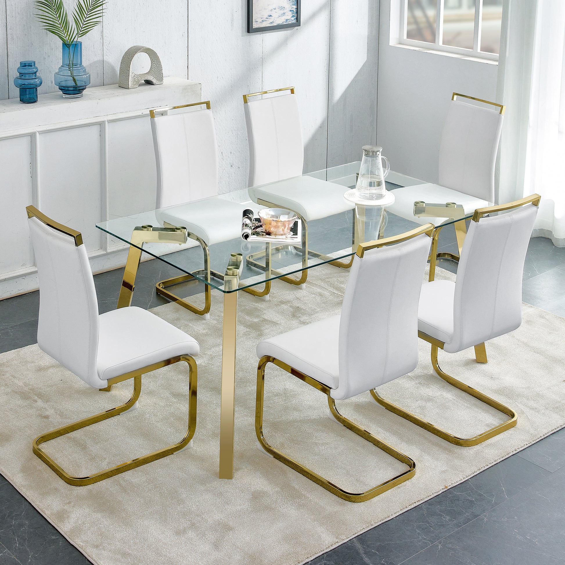 Modern Minimalist Style Rectangular Glass Dining Table With Tempered Glass Tabletop And Golden Metal Legs, Suitable For Kitchen, Dining Room, And Living Room, 63 Inches * 35.4 Inches * 30 Inches Golden Metal
