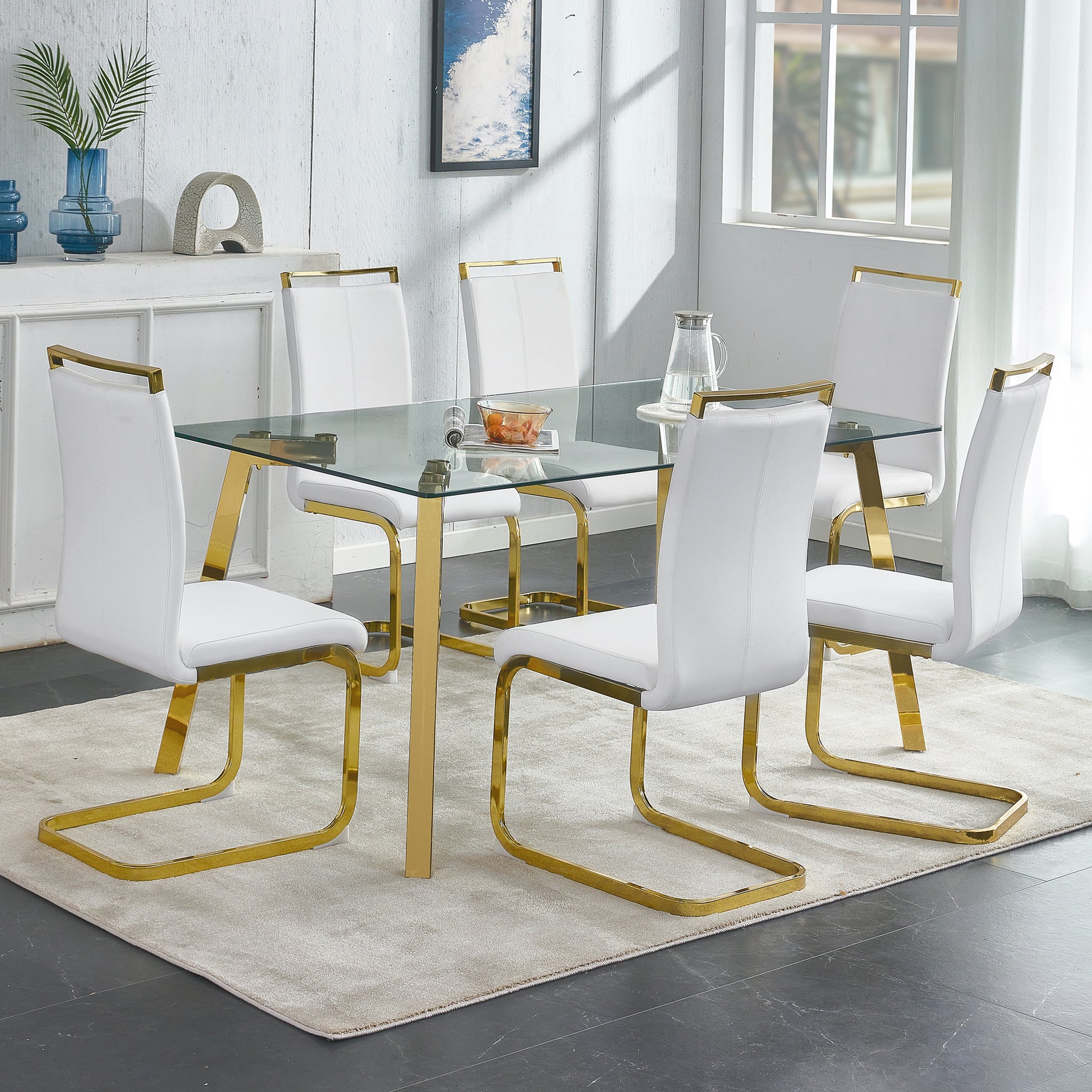 Modern Minimalist Style Rectangular Glass Dining Table With Tempered Glass Tabletop And Golden Metal Legs, Suitable For Kitchen, Dining Room, And Living Room, 63 Inches * 35.4 Inches * 30 Inches Golden Metal