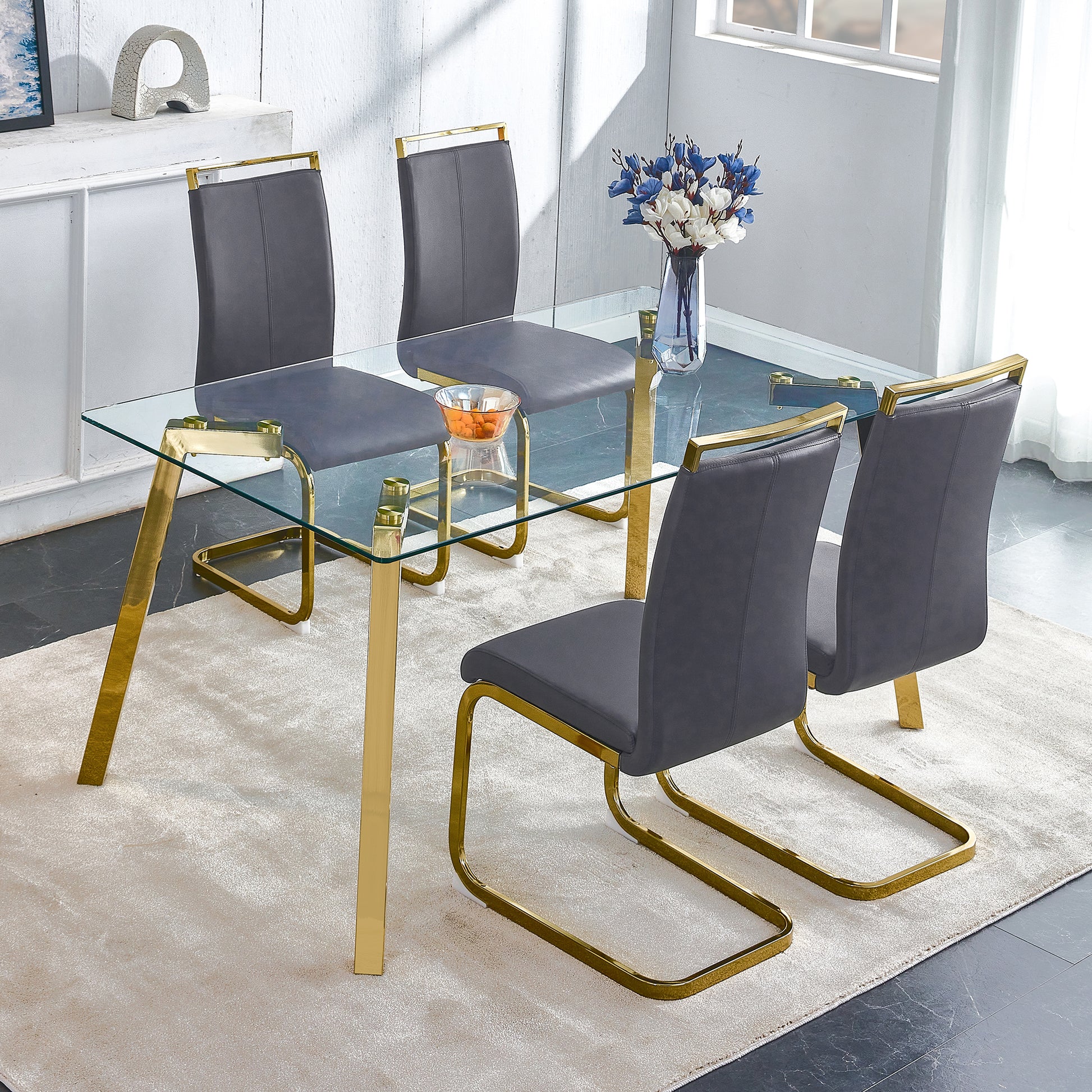 Modern Minimalist Style Rectangular Glass Dining Table With Tempered Glass Tabletop And Golden Metal Legs, Suitable For Kitchen, Dining Room, And Living Room, 63 Inches * 35.4 Inches * 30 Inches Golden Metal
