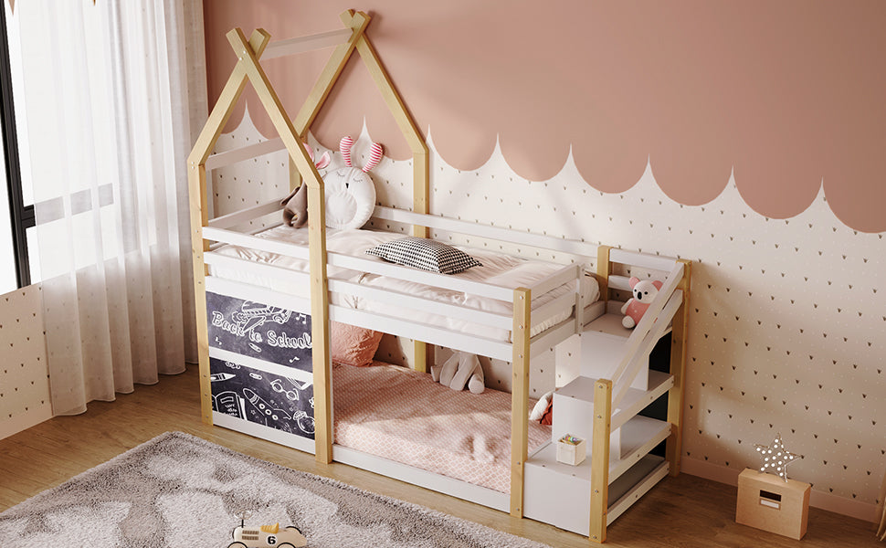 Twin Over Twin House Bunk Bed With White Storage Staircase And 2 Blackboards, White And Natural Box Spring Not Required Twin White Bed Frame Pine