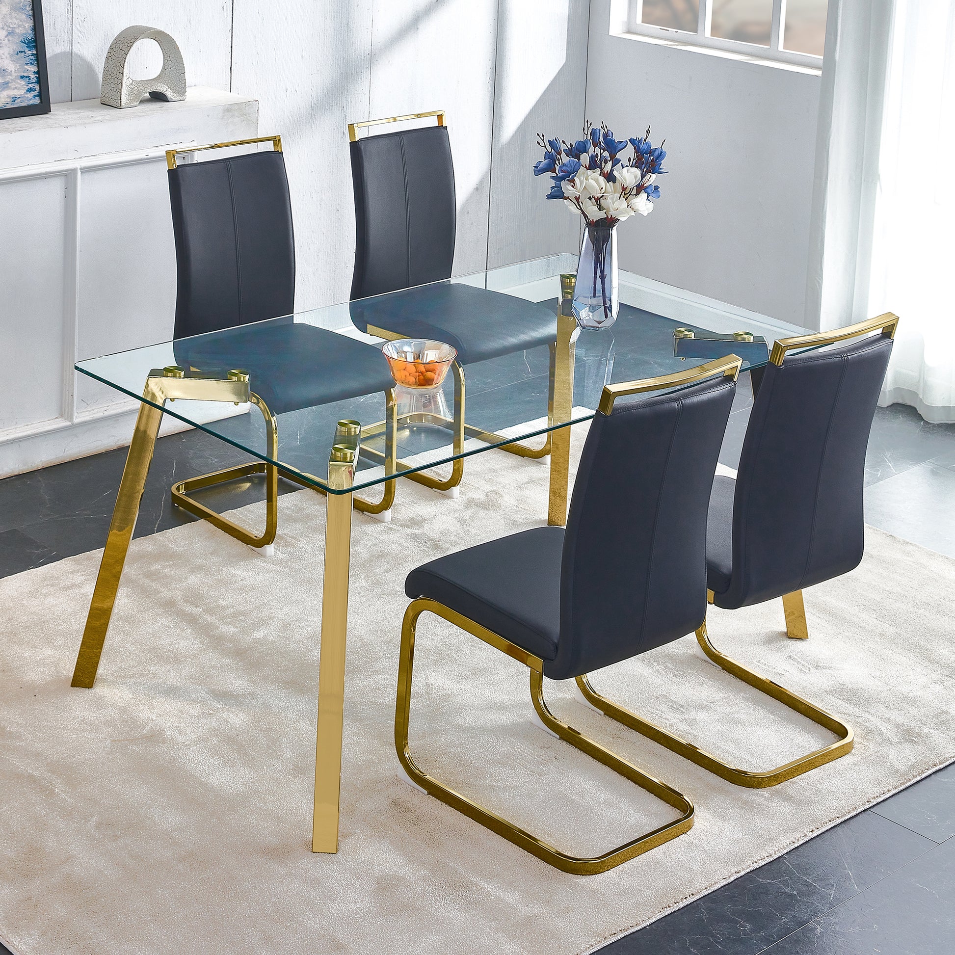 Modern Minimalist Style Rectangular Glass Dining Table With Tempered Glass Tabletop And Golden Metal Legs, Suitable For Kitchen, Dining Room, And Living Room, 63 Inches * 35.4 Inches * 30 Inches Golden Metal