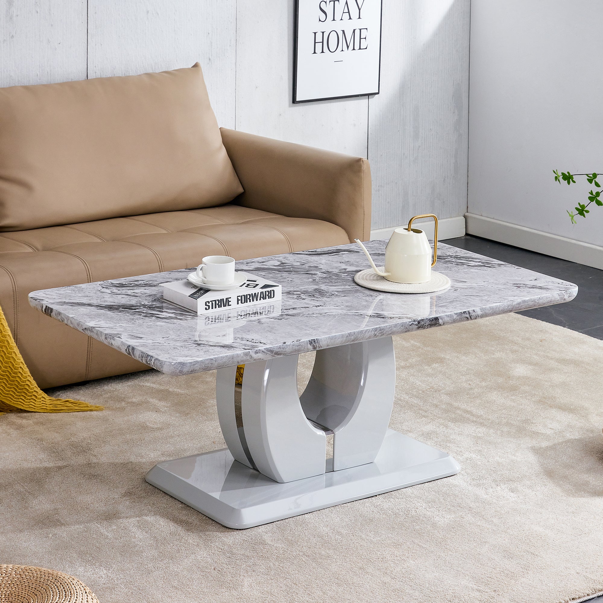 Modern Luxury Imitation Marble Light Gray Tea Table,Coffee Table, Paired With Silver Stainless Steel Decorative Strips. Computer Desk. Game Table. Ct 1280 Light Grey Mdf