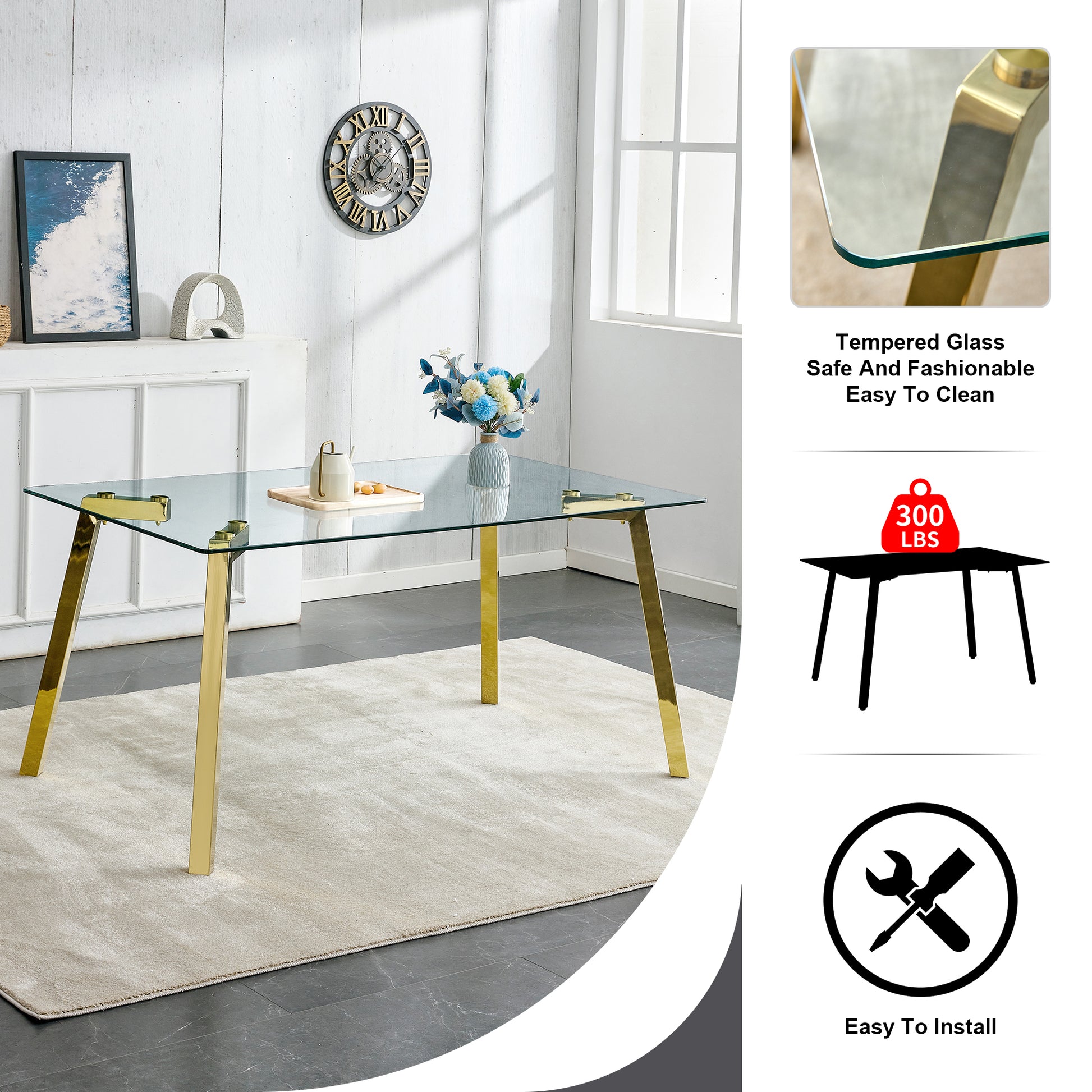 Modern Minimalist Style Rectangular Glass Dining Table With Tempered Glass Tabletop And Golden Metal Legs, Suitable For Kitchen, Dining Room, And Living Room, 63 Inches * 35.4 Inches * 30 Inches Golden Metal