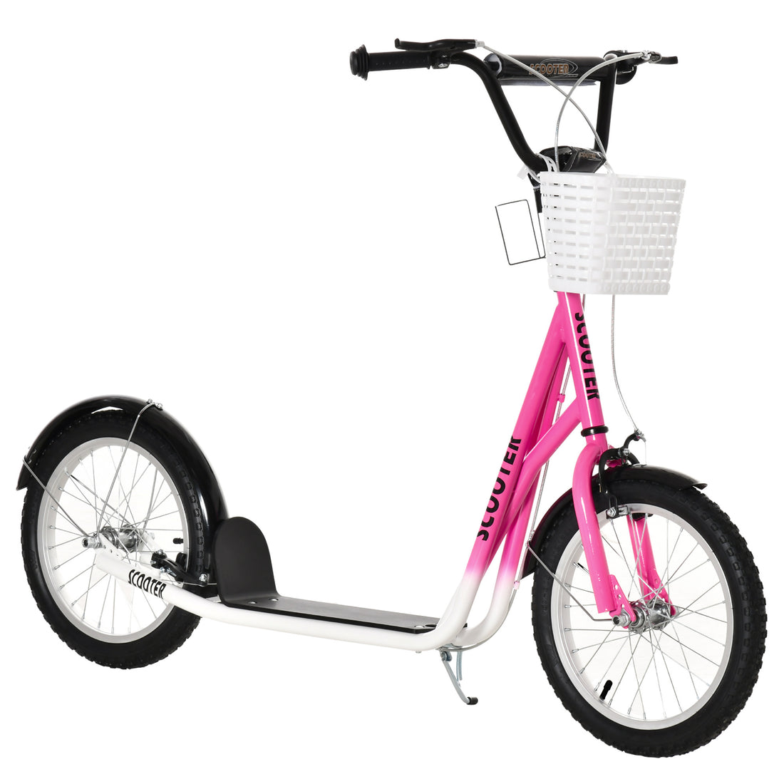 Youth Scooter, Kick Scooter With Adjustable Handlebars, Double Brakes, 16" Inflatable Rubber Tires, Basket, Cupholder, Pink Pink Metal