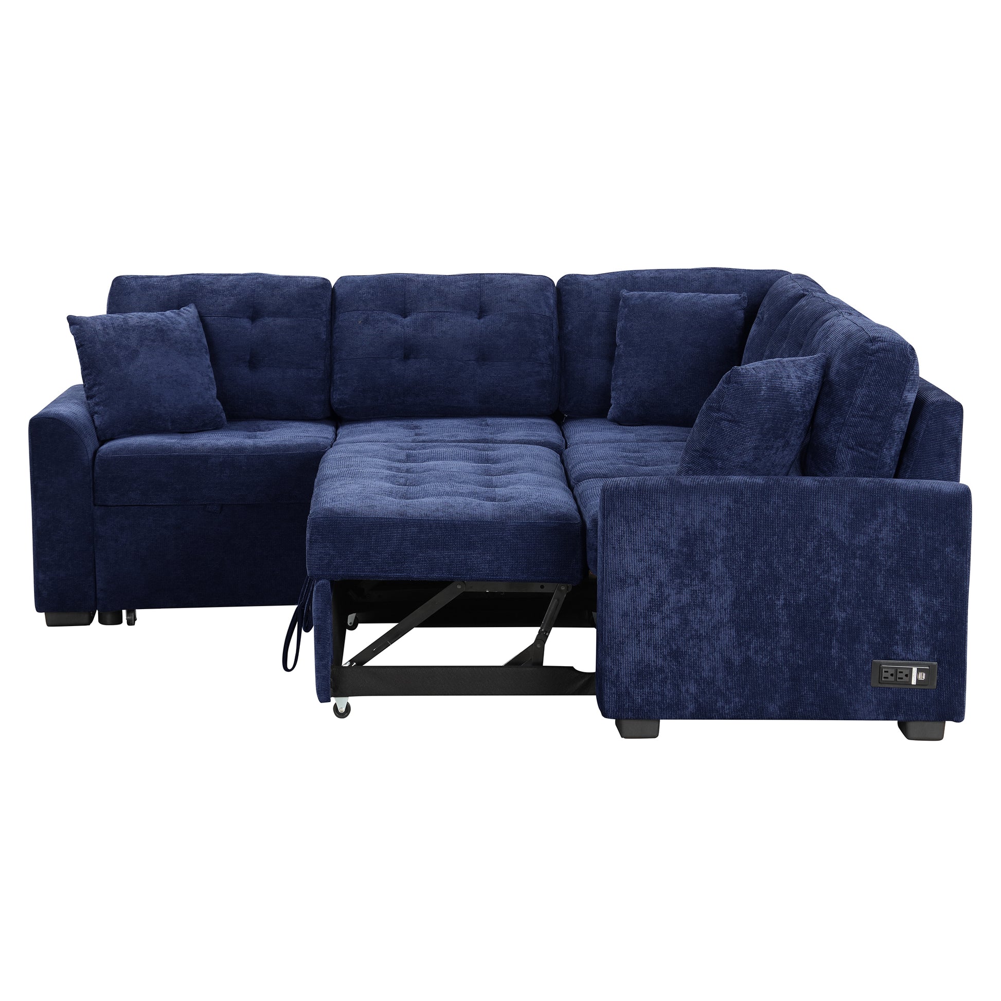 82.6" L Shape Sofa Bed Pull Out Sleeper Sofa With Wheels, Usb Ports, Power Sockets For Living Room, Navy Blue Navy Blue Foam Velvet