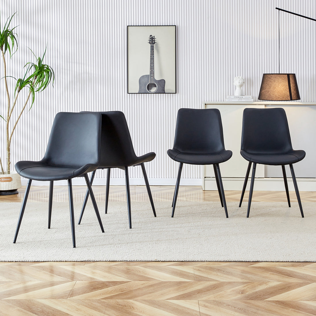 Black Artificial Leather Backrest Cushion Dining Chair, Black Metal Legs, Curved Widened Cushion Design For More Comfort, Suitable For Restaurants, Kitchens, Bedrooms, Offices. 4 Chairs 0502 Black Faux Leather