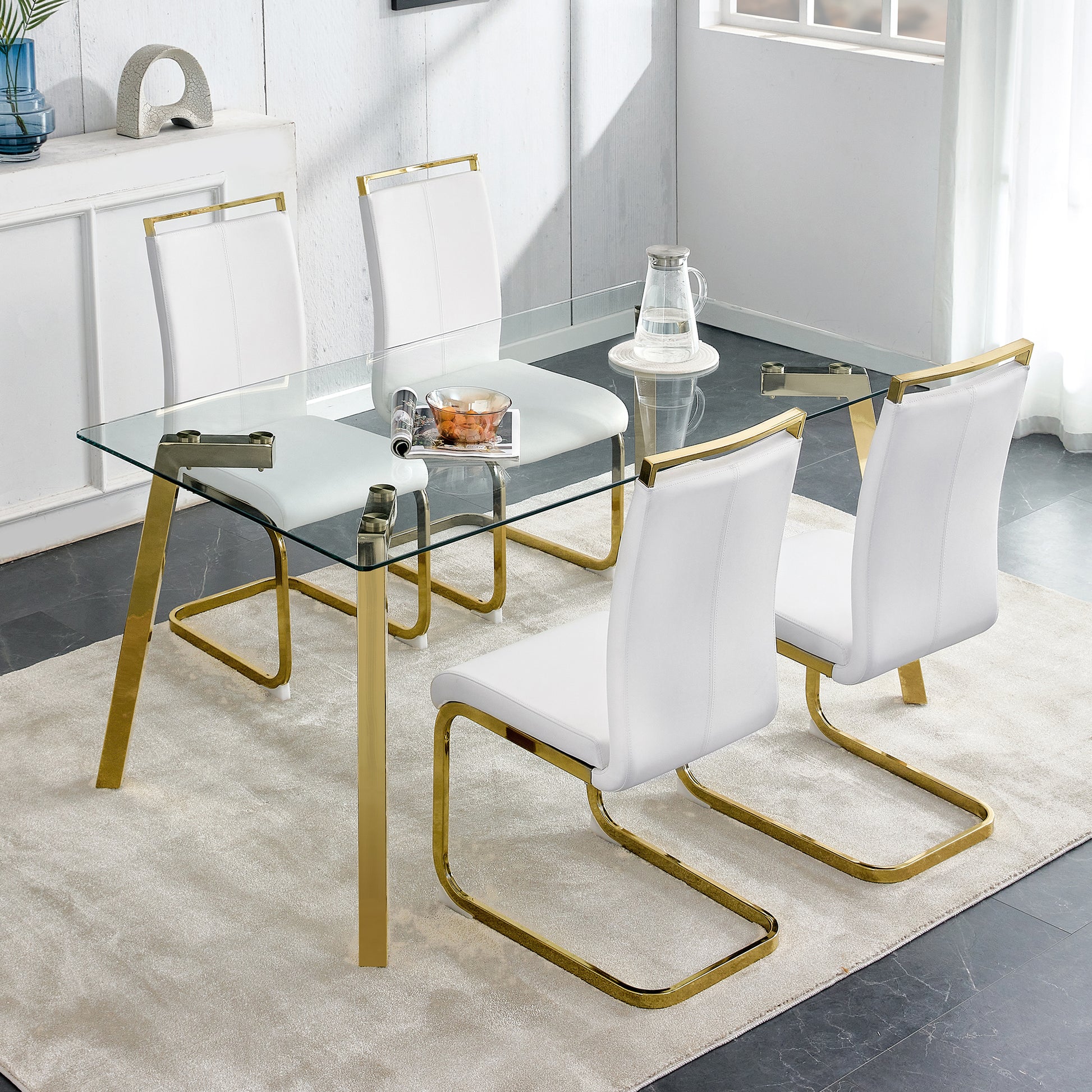 Modern Minimalist Style Rectangular Glass Dining Table With Tempered Glass Tabletop And Golden Metal Legs, Suitable For Kitchen, Dining Room, And Living Room, 63 Inches * 35.4 Inches * 30 Inches Golden Metal