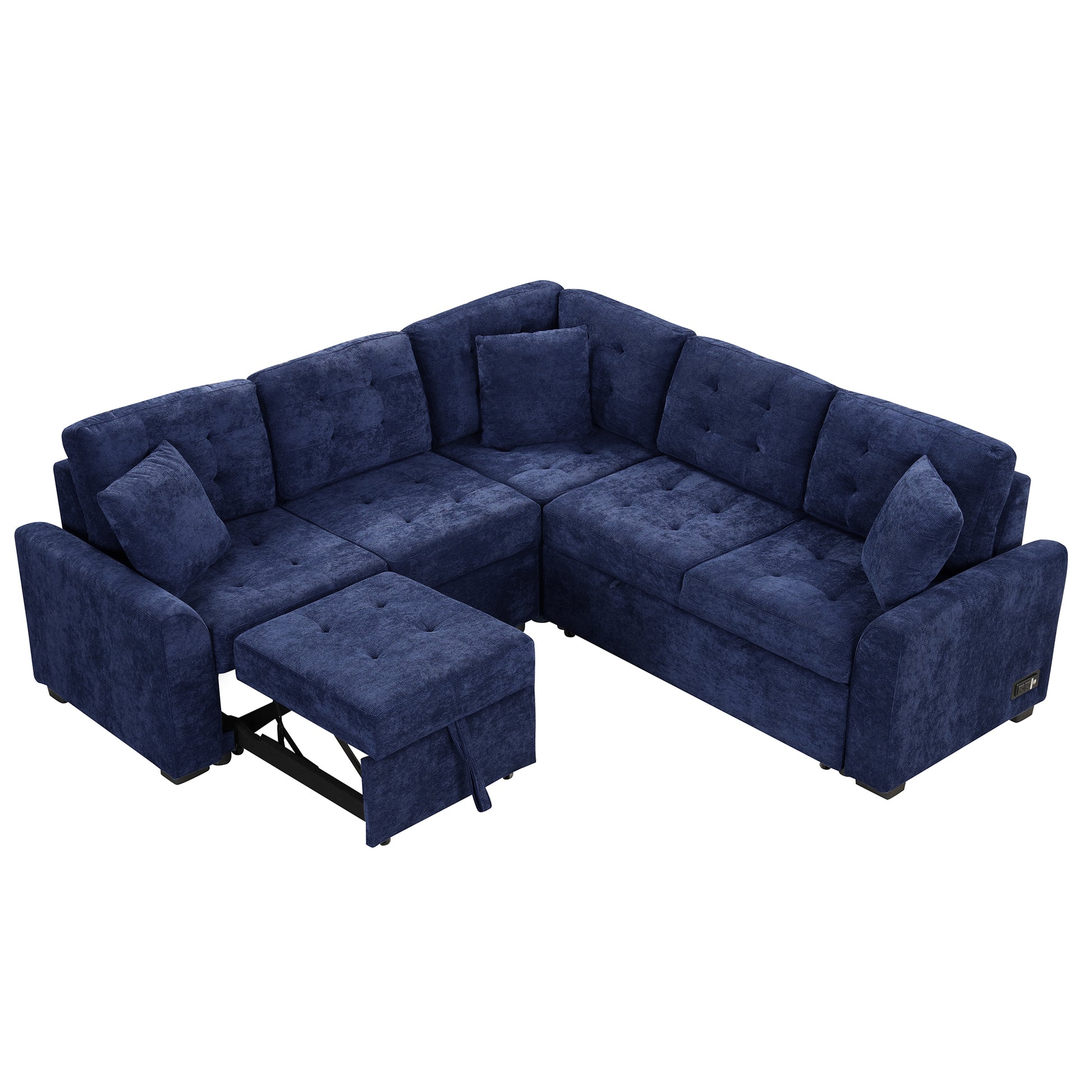 82.6" L Shape Sofa Bed Pull Out Sleeper Sofa With Wheels, Usb Ports, Power Sockets For Living Room, Navy Blue Navy Blue Foam Velvet