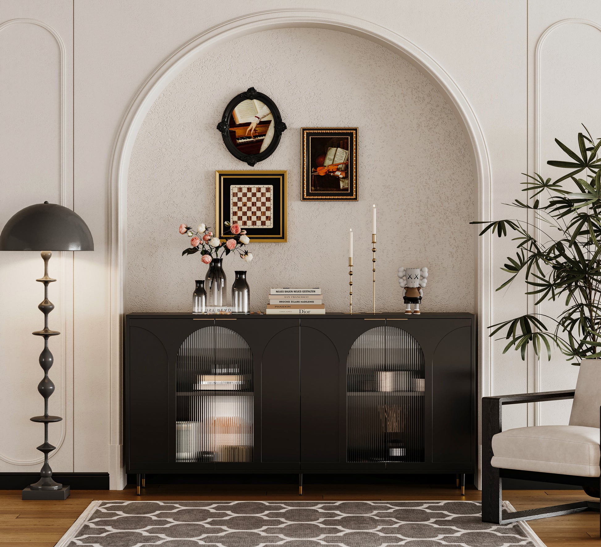 Accent Cabinet Black Lacquered Wooden Cabinet With 4 Glass Doors Sideboard Buffet Server Cabinet Storage Cabinet, For Living Room, Entryway, Hallway, Office, Kitchen And Dining Room Lacquered Black Adjustable Shelves American