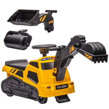 3 In 1 Ride On Excavator Bulldozer Road Roller, No Power Ride On Construction Pretend Play With Music, For 18 48 Months, Yellow Yellow Polypropylene