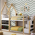 Twin Over Twin House Bunk Bed With White Storage Staircase And 2 Blackboards, White And Natural Box Spring Not Required Twin White Bed Frame Pine