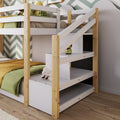 Twin Over Twin House Bunk Bed With White Storage Staircase And 2 Blackboards, White And Natural Box Spring Not Required Twin White Bed Frame Pine