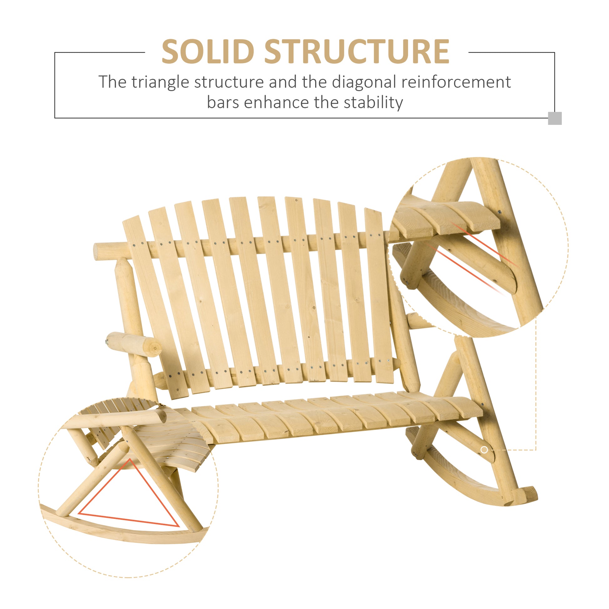 Double Wooden Porch Rocking Bench, Adirondack Porch Rocker Chair, Heavy Duty Loveseat For 2 Persons With High Rise Slatted Seat & Backrest, Smooth Armrests, Natural Natural Wood