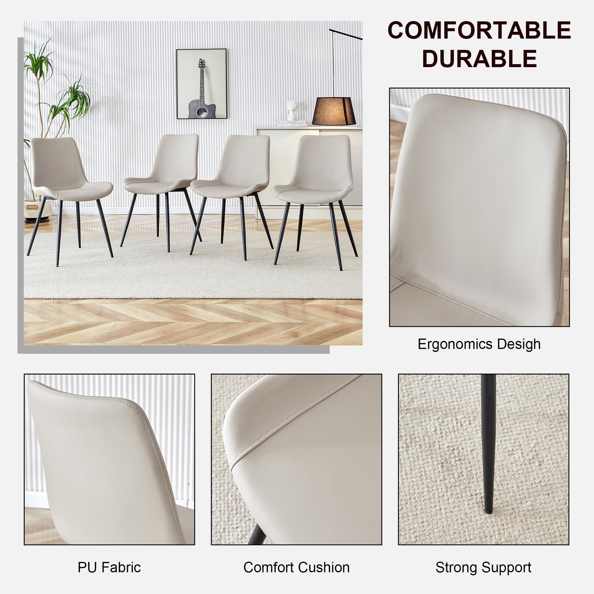 Light Gray Artificial Leather Backrest Cushion Dining Chair, Black Metal Legs, Curved Widened Cushion Design For More Comfort, Suitable For Restaurants, Kitchens, Bedrooms, Offices. 4 Chairs 0502 Light Gray Faux Leather