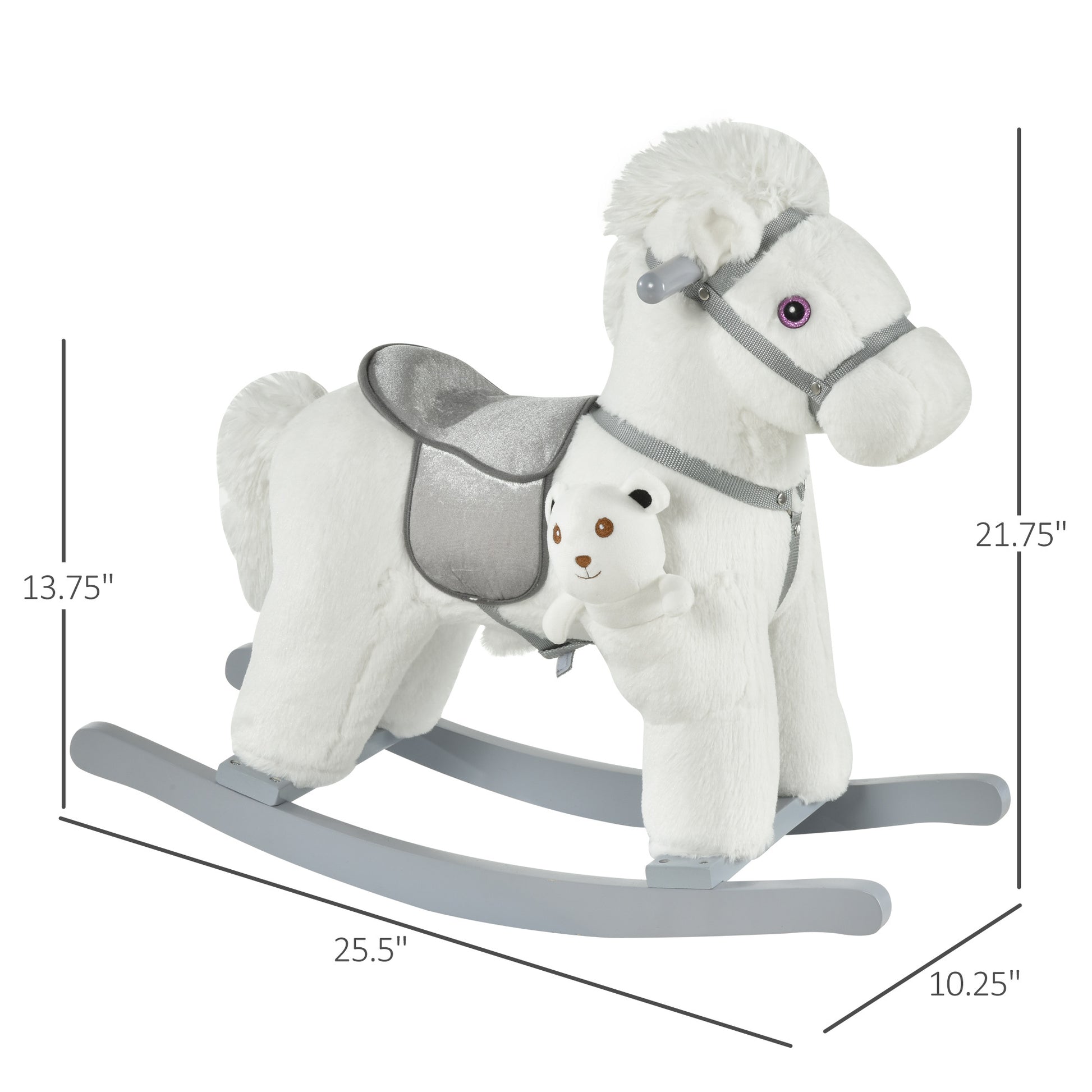 Kids Plush Ride On Rocking Horse With Bear Toy, Children Chair With Soft Plush Toy & Fun Realistic Sounds, White White Plush