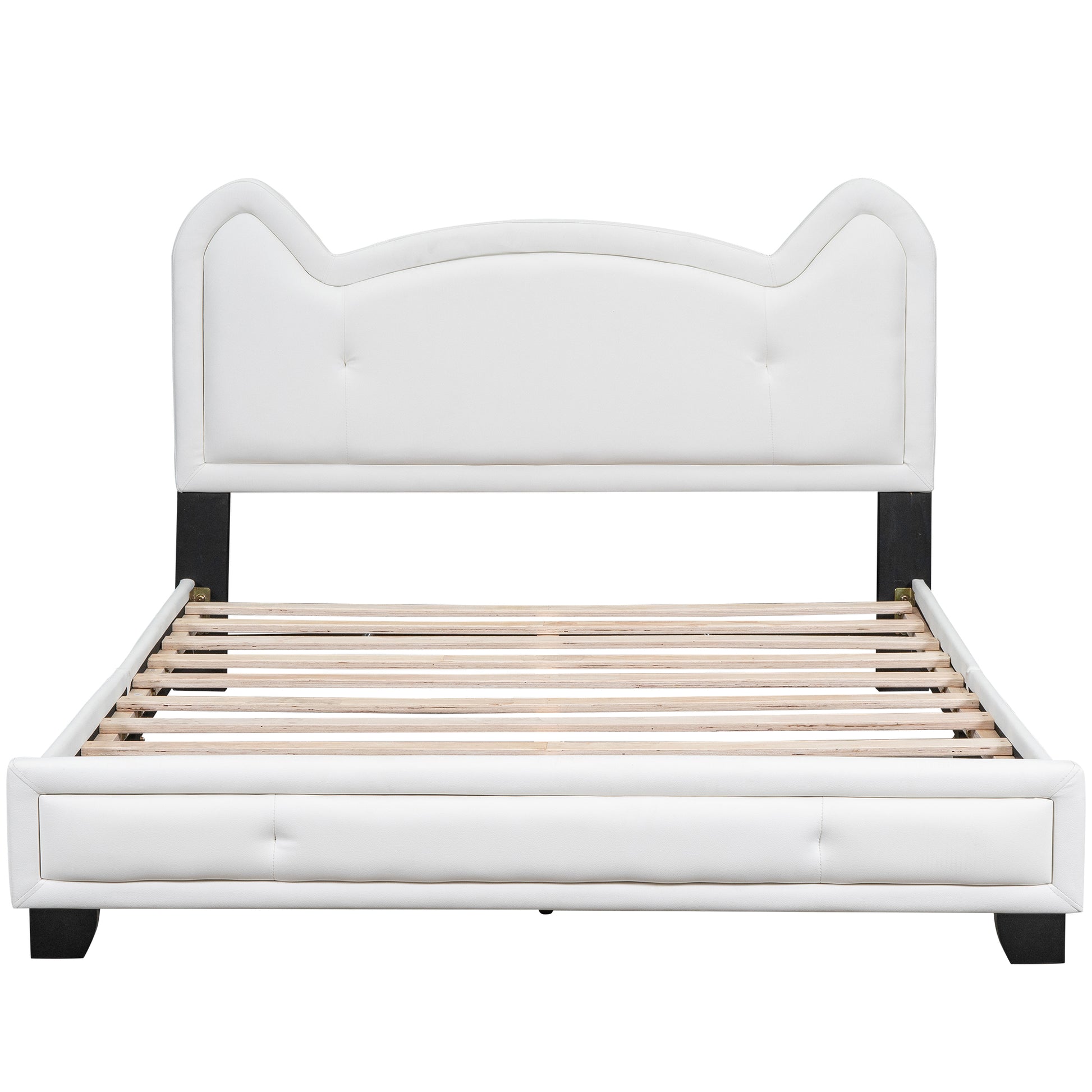 Full Size Upholstered Platform Bed With Carton Ears Shaped Headboard, White Box Spring Not Required Full White Wood Bedroom Bed Frame Faux Leather Upholstered