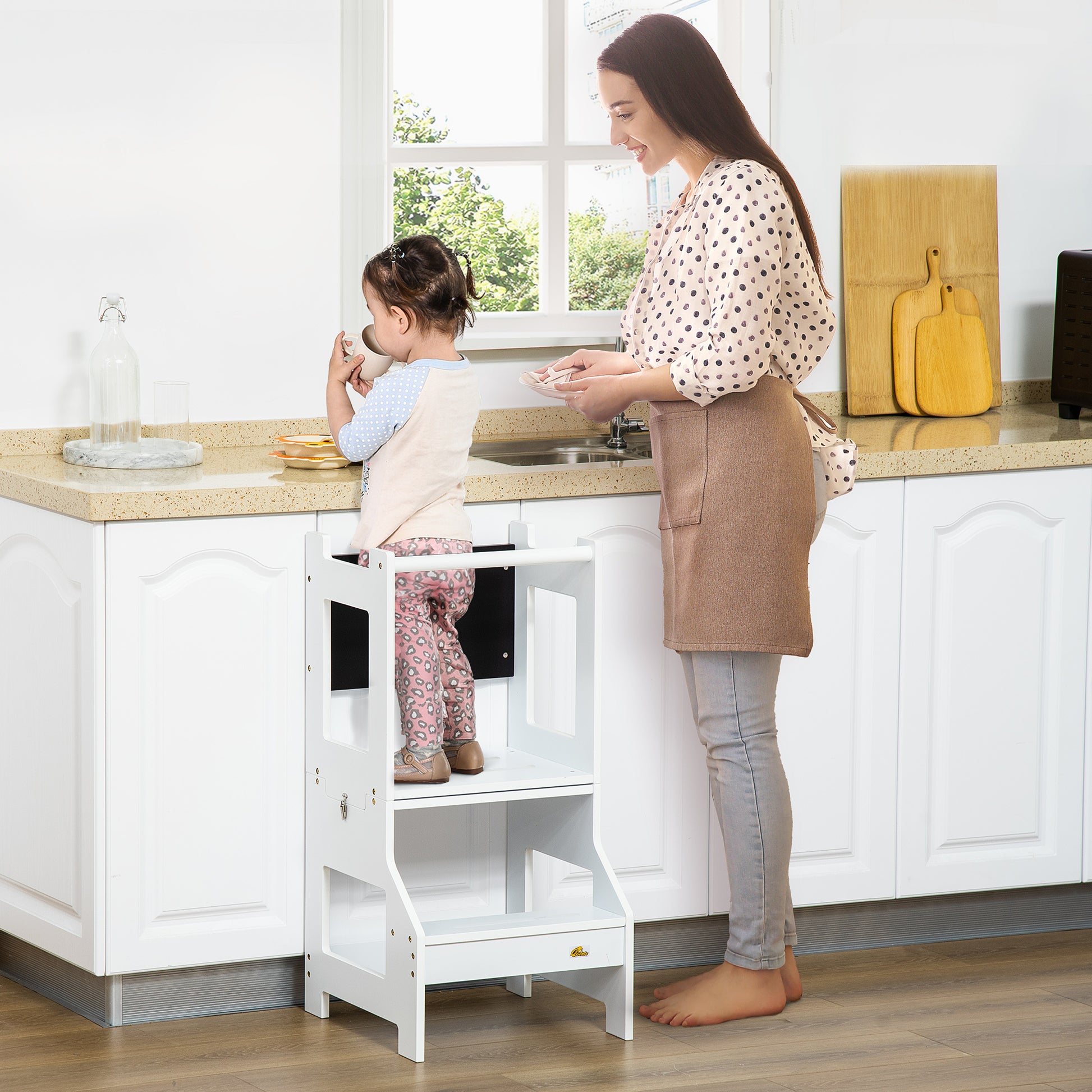 Kids Kitchen Step Stool, 2 In 1 Kitchen Table Set Toddler Standing Tower With Chalkboard, Safety Rail For Kitchen, Bathroom, Bedroom, White White Mdf