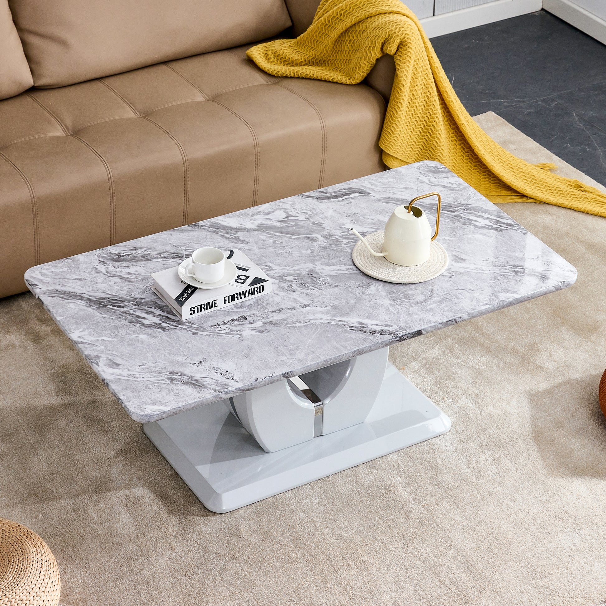 Modern Luxury Imitation Marble Light Gray Tea Table,Coffee Table, Paired With Silver Stainless Steel Decorative Strips. Computer Desk. Game Table. Ct 1280 Light Grey Mdf