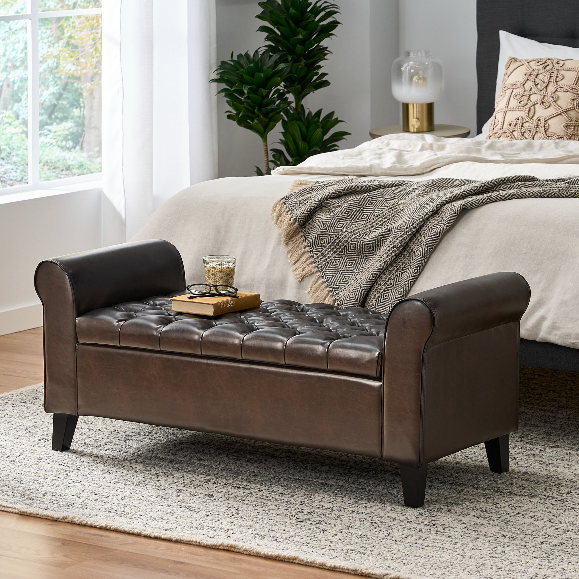 Hayes Armed Storage Bench Brown Pu