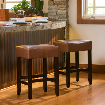 Set Of 2, 26.75" Backless Leather Counter Height Barstool, Brown Brown Leather