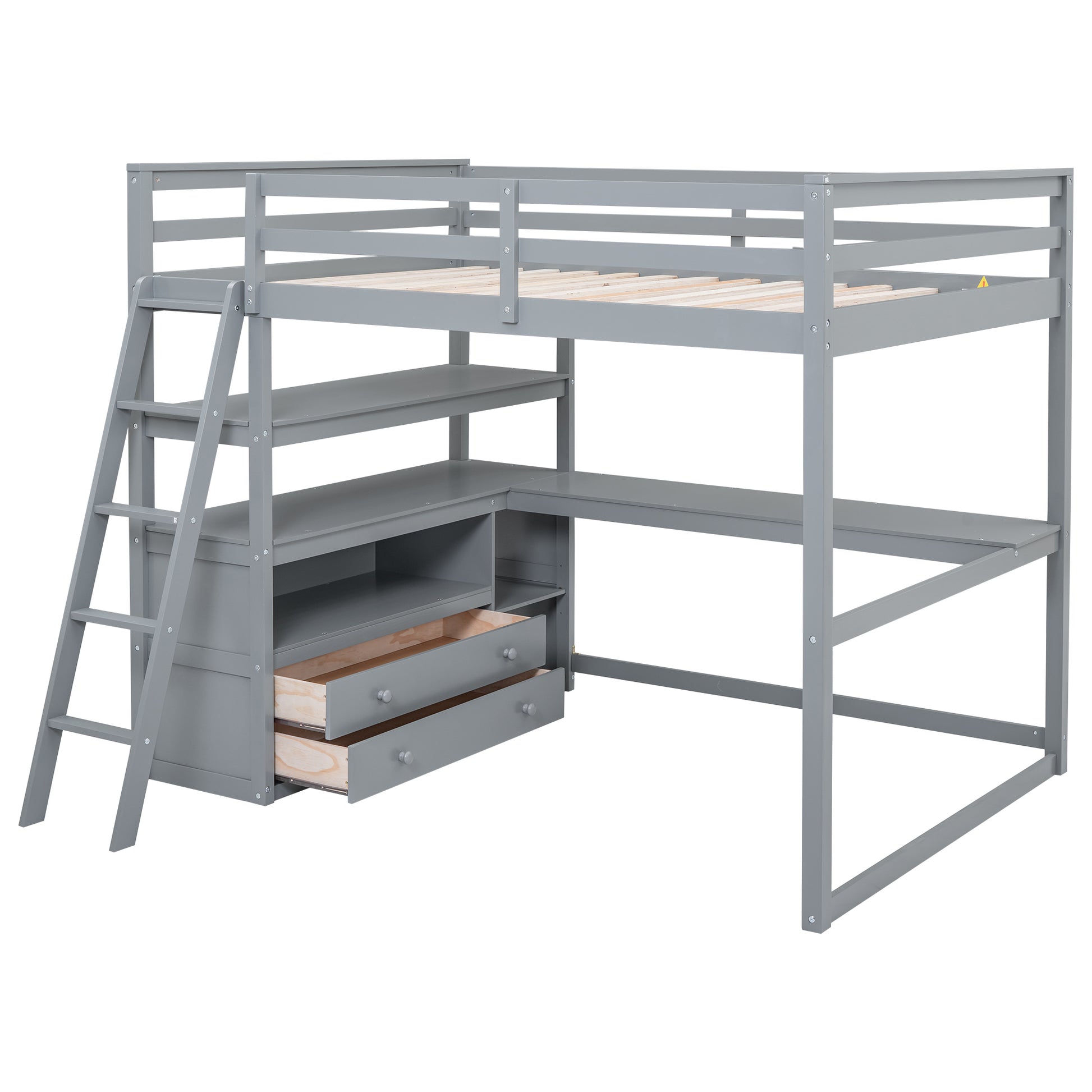 Full Size Loft Bed With Desk And Shelves,Two Built In Drawers,Gray Old Sku: Gx000416Aae Box Spring Not Required Full Gray Wood Bedroom Pine