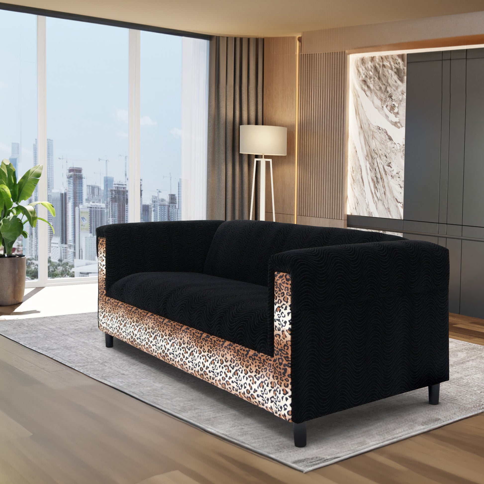 Black Velvet Sofa With Leopard Print, Modern 3 Seater Sofas Couches For Living Room, Bedroom, Office, And Apartment With Solid Wood Frame Black Wood Foam Velvet