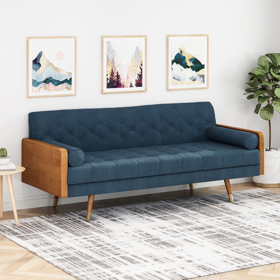 Aidan Mid Century Modern Tufted Fabric Sofa Navy Blue Fabric