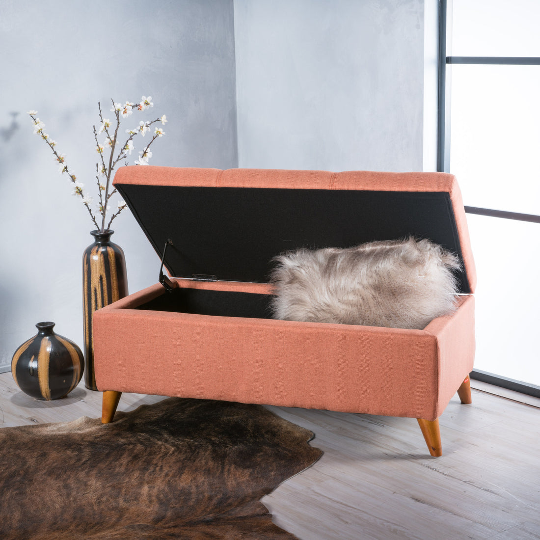 Storage Ottoman Orange Fabric