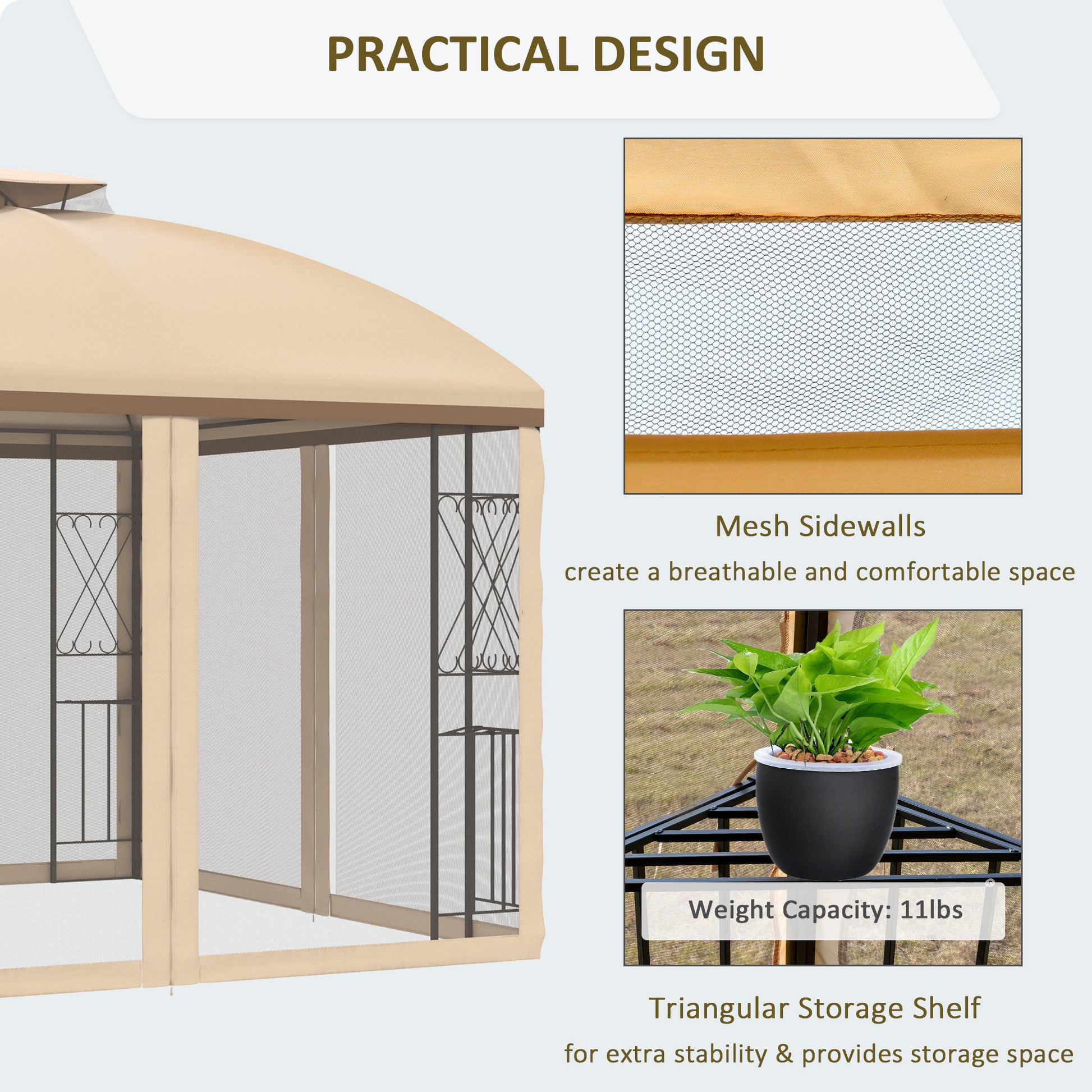 10' X 10' Patio Gazebo With Corner Shelves, Double Roof Outdoor Gazebo Canopy Shelter With Removable Mesh Netting, For Garden, Lawn, Backyard And Deck, Beige Beige Steel