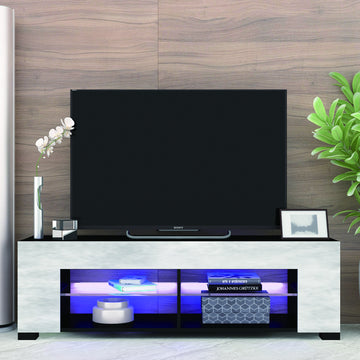 Tv Stand For 32 60 Inch Tvs Modern Low Profile Black Stone Grey Entertainment Center With Led Lights 57 Inch Small Tv Console Media Table With Glass Shelves And Hidden Side Bookshelf For Living Room Black Gray Gray Primary Living Space 50 59 Inches 50 59