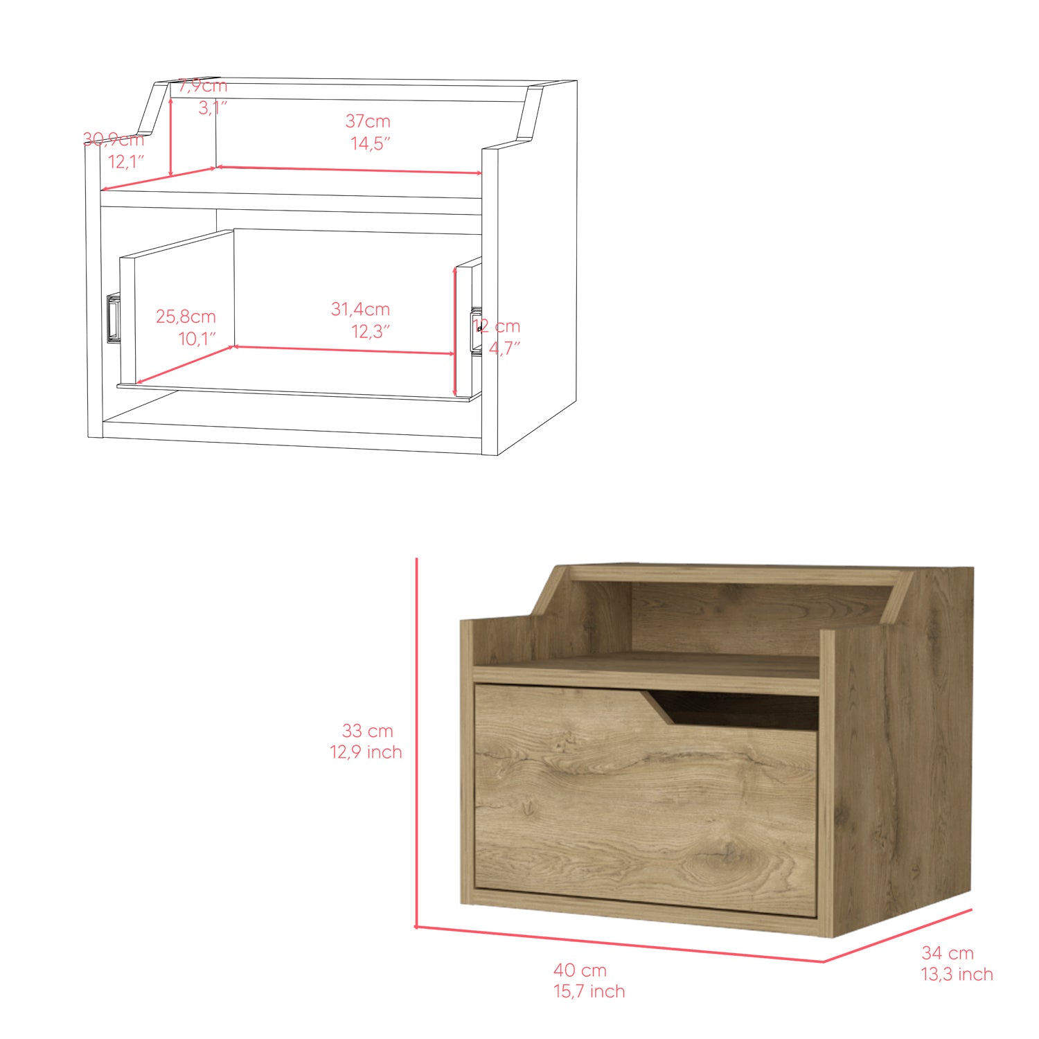 Floating Nightstand Chester, Bedroom, Macadamia Beige Particle Board Engineered Wood