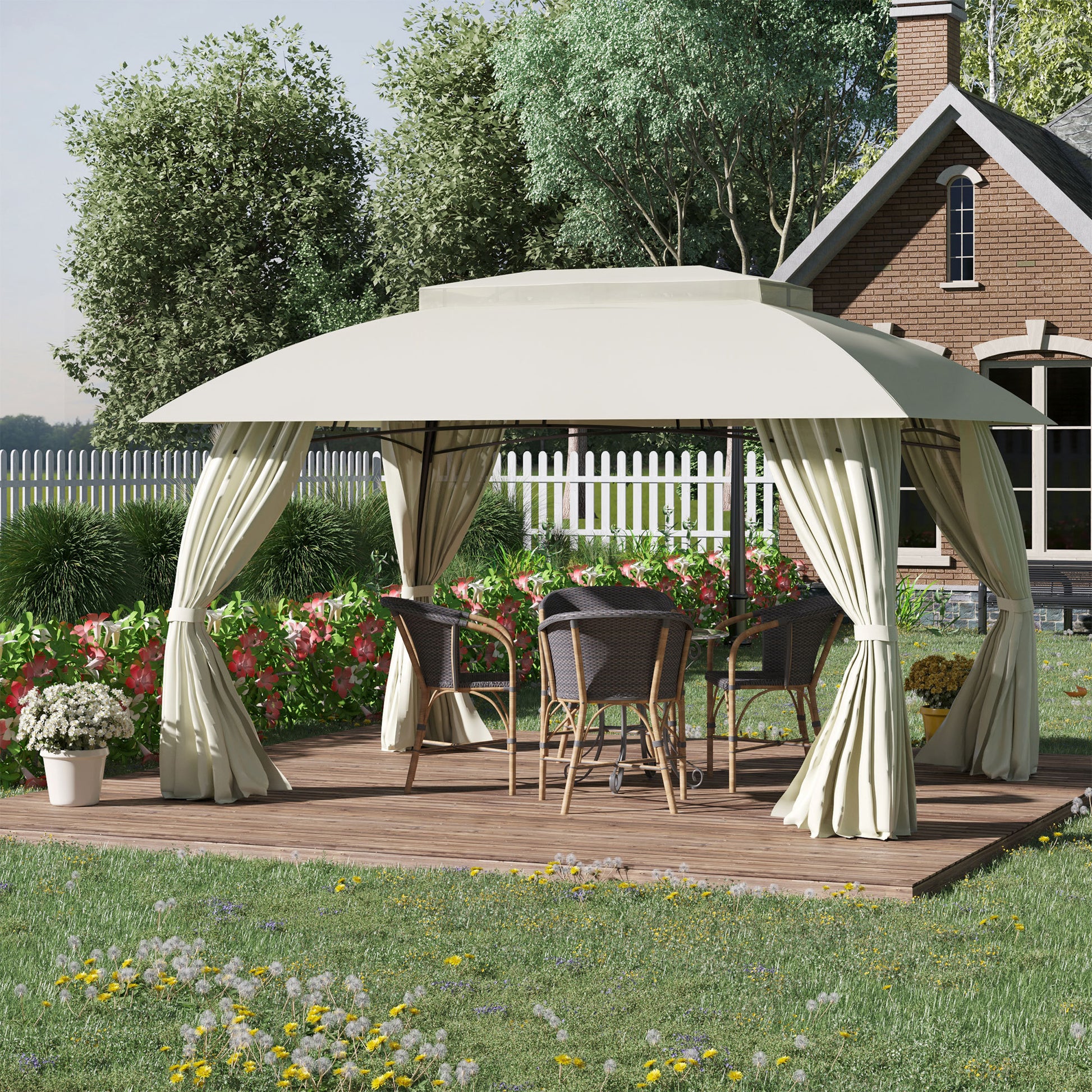 10' X 13' Patio Gazebo Canopy, Double Vented Roof, Steel Frame, Curtain Sidewalls, Outdoor Sun Shade Shelter For Garden, Lawn, Backyard, Deck, Beige Beige Steel