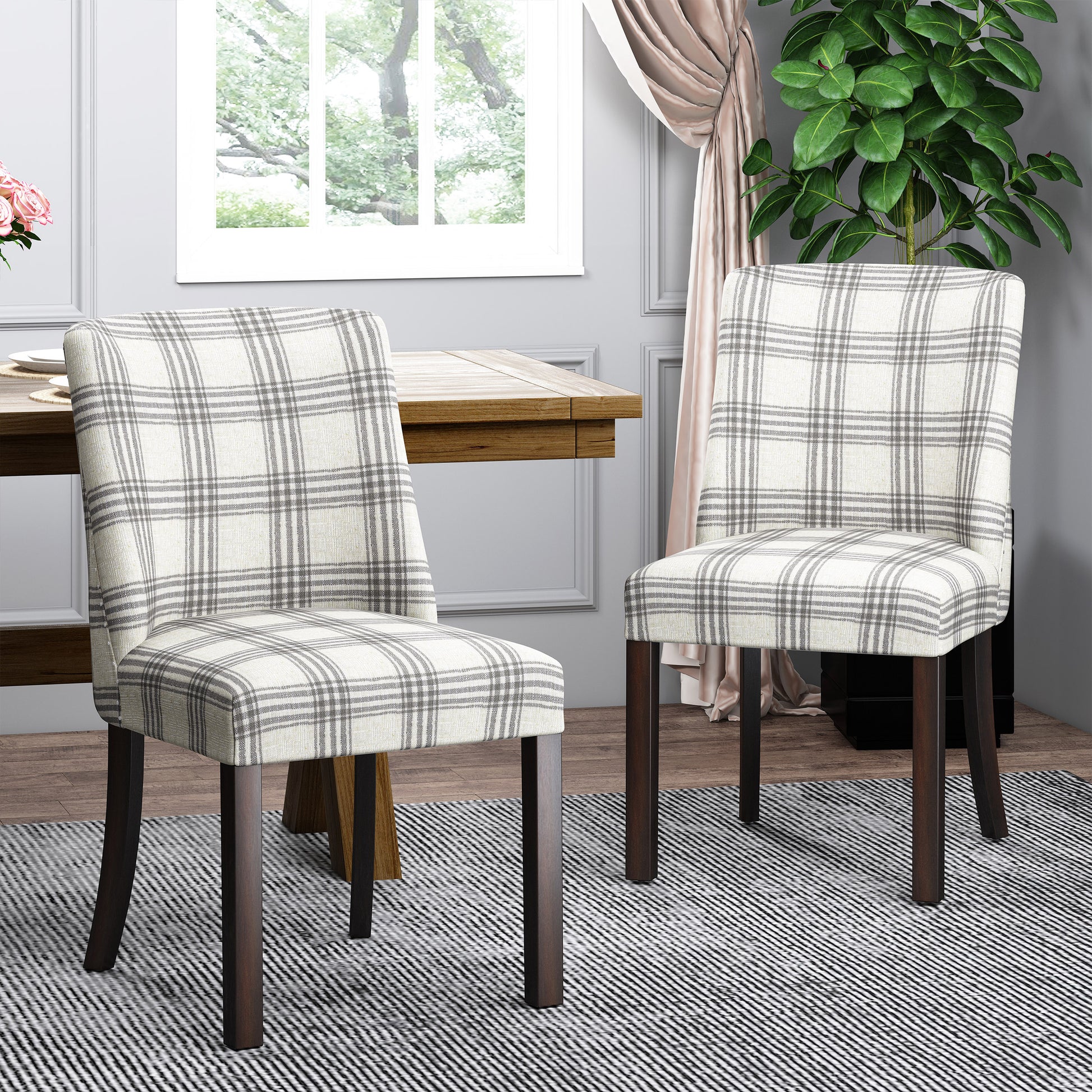 Dining Chair Grey Plaid Fabric