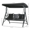 3 Seat Patio Swing Chair, Porch Swing Glider With Cushion, 3 Throw Pillows & Adjustable Canopy For Porch, Garden, Poolside, Backyard, Black Black Steel