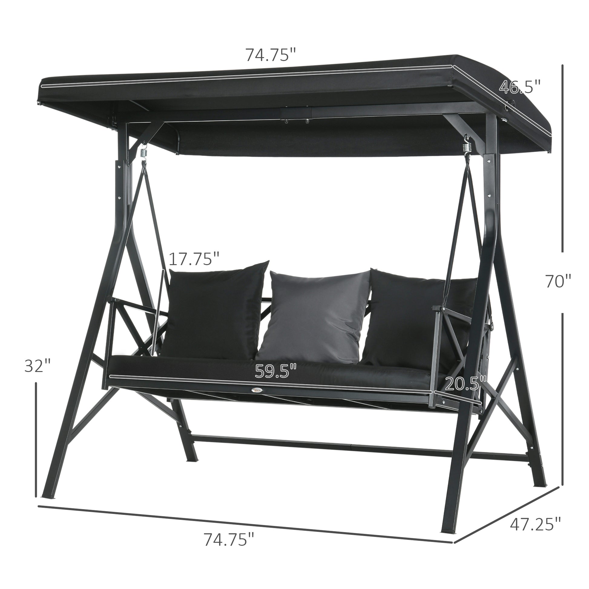3 Seat Patio Swing Chair, Porch Swing Glider With Cushion, 3 Throw Pillows & Adjustable Canopy For Porch, Garden, Poolside, Backyard, Black Black Steel