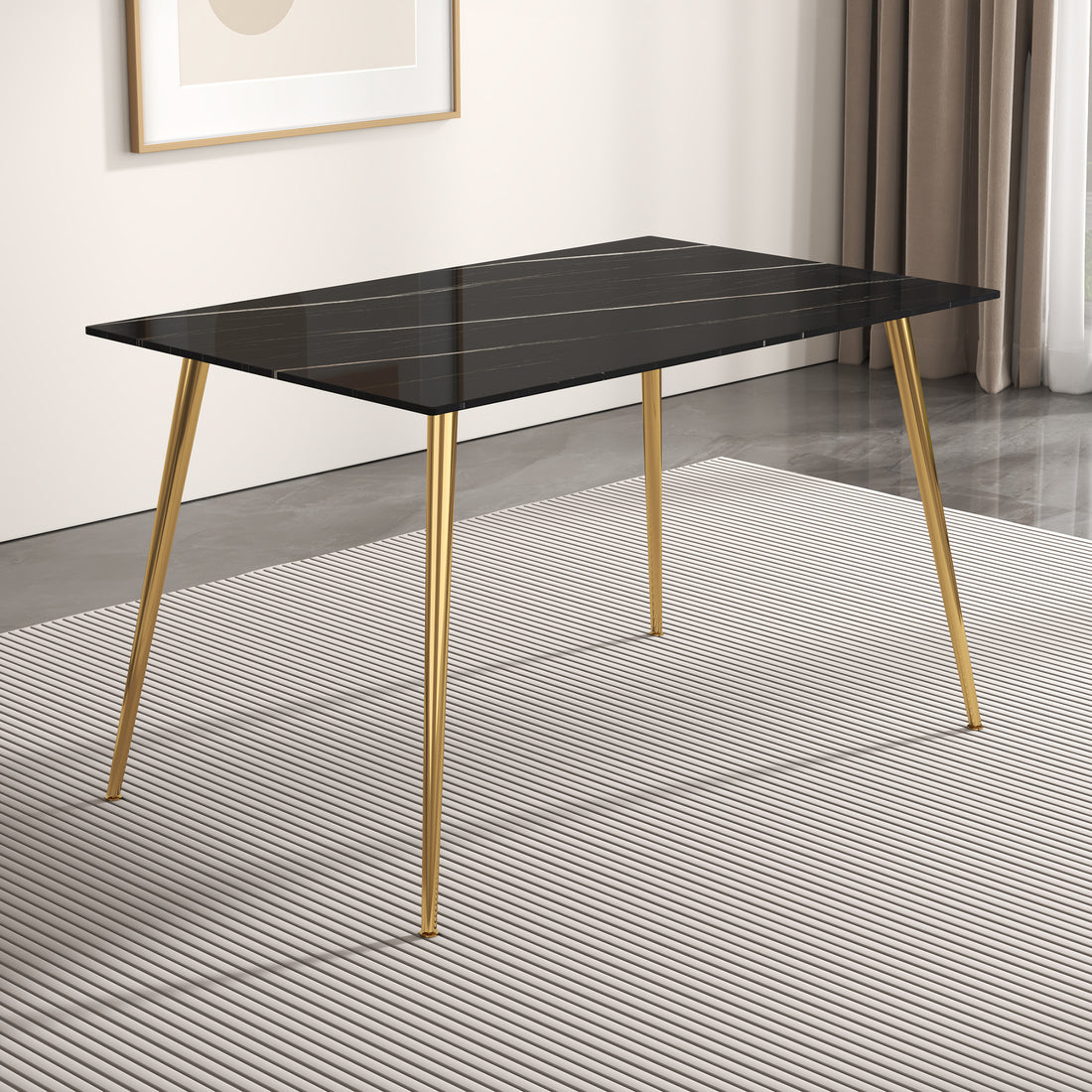 Modern Minimalist Rectangular Black Imitation Marble Dining Table, 0.3 Inches Thick, Gold Color Metal Legs, Suitable For Kitchen, Dining Room, And Living Room 51.2"* 31.5" * 29.8 "Dt 1544 Black Glass